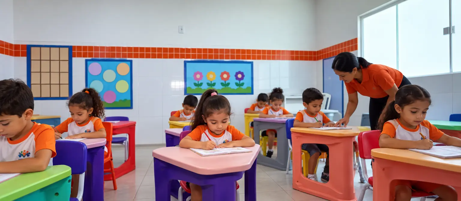 Sala de aula colorida com alunos de farda e professora